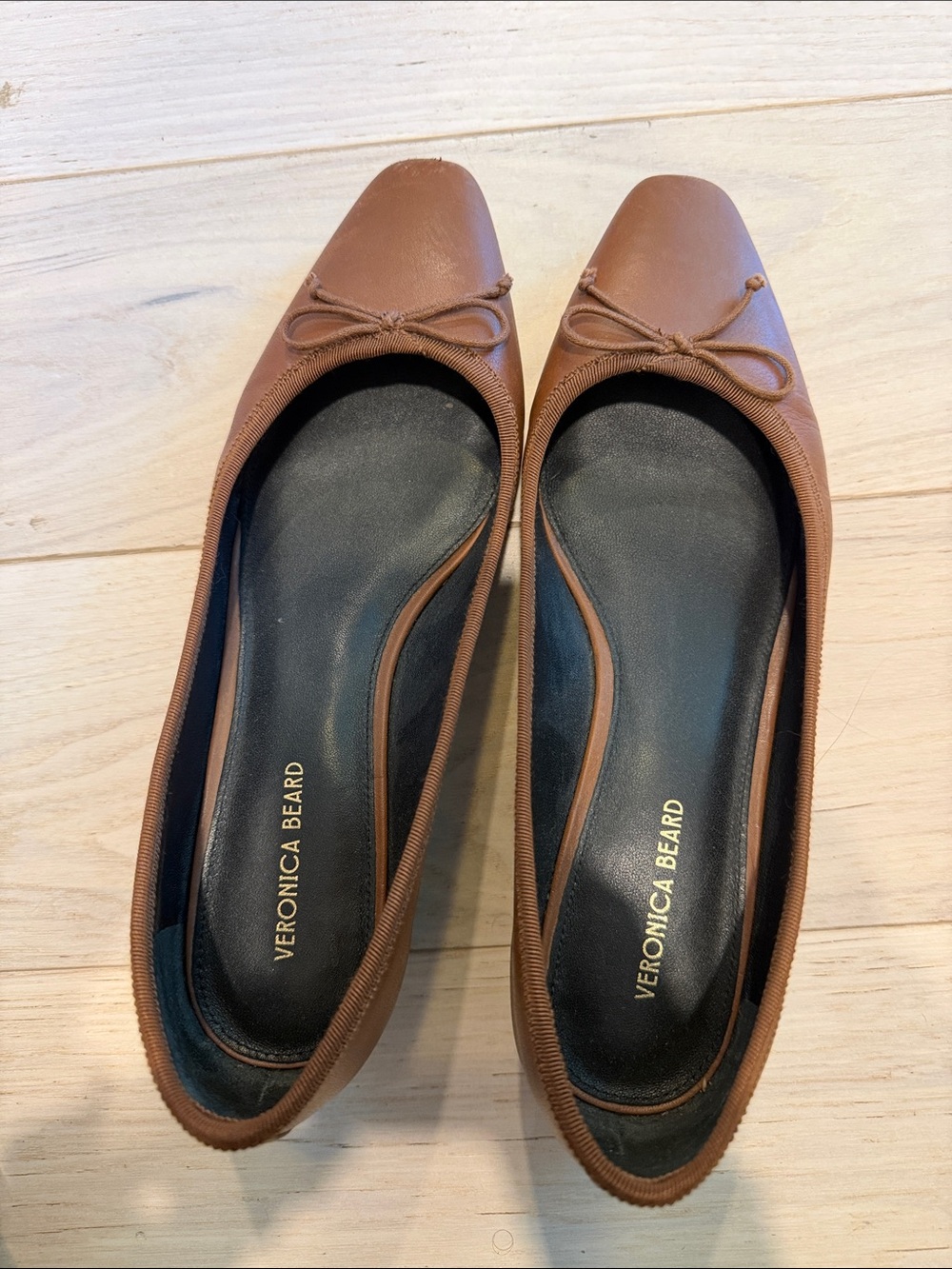 Veronica Beard Cognac Square-Toe Ballet Flats with Bow